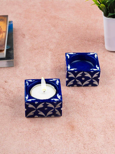 Blue Pottery Candle Holder Set Of 2pcs.